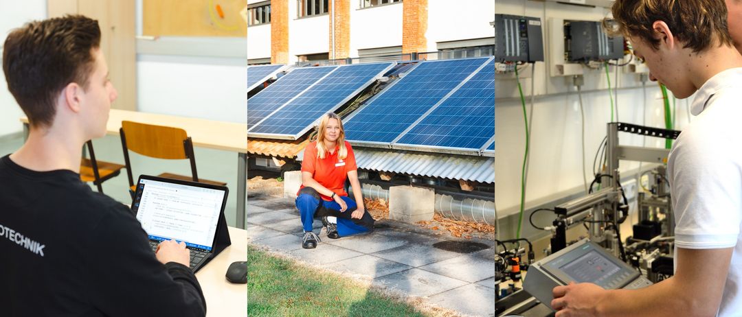 Eine Frau in einem orangefarbenen Shirt hockt sich neben Solarpanels. Ein Laptop ist auf einem Schreibtisch geöffnet. Elektrische Geräte und Verkabelung sind in einem anderen Bereich sichtbar.