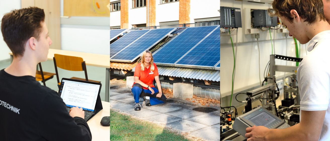 Eine Frau hockt vor Solarmodulen, die an einem Gebäude montiert sind. In der linken Ecke wird ein Laptop auf einem Schreibtisch angezeigt.