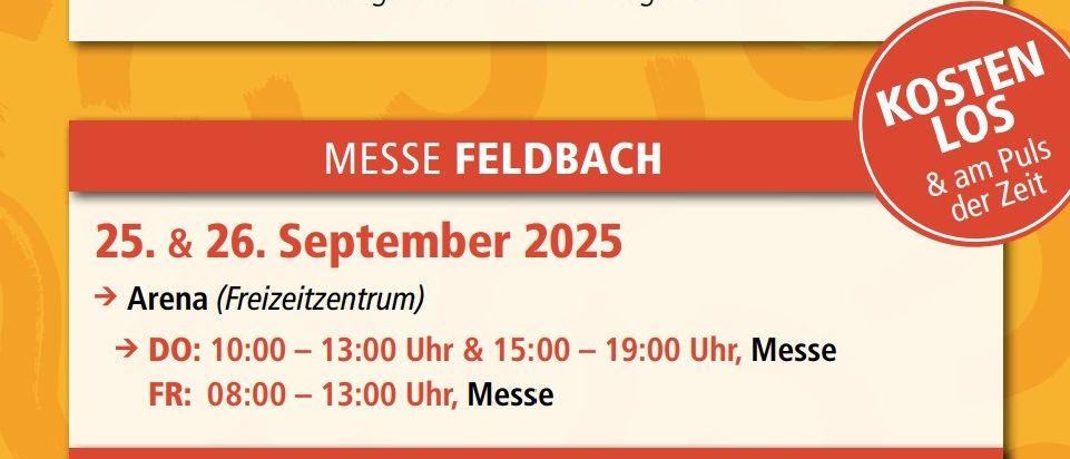Eine Ankündigung für eine Online-Veranstaltung am 24. September 2025 um 18:00 Uhr, gefolgt von einer physischen Veranstaltung in der Feldbach Arena am 25. und 26. September 2025 und einer weiteren in Bad Radkersburg am 2. Oktober 2025.