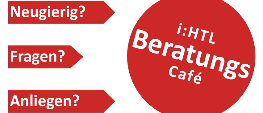 Ein roter Kreis mit weißem Text, der 'Berattung Cafe' lautet. Pfeile zeigen nach links, rechts und unten mit den Texten 'rig?', 'E' und 'n?'.