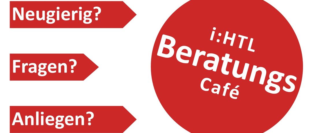 Ein roter Kreis mit weißem Text, der 'Berattung Cafe' lautet. Pfeile zeigen nach links, rechts und unten mit den Texten 'rig?', 'E' und 'n?'.