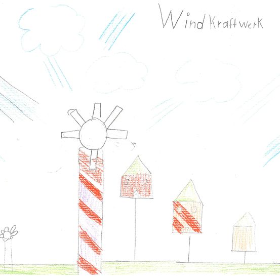 Handgezeichnetes Bild einer Windkraftanlage mit der Aufschrift 'Wind Kraftwerk'. Im Vordergrund ein farbenfroher Streifen mit einem kleinen Blumen und eine Reihe von Häusern. Der Himmel hat Wolken und Regen.