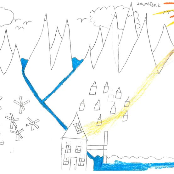 Handgezeichnete Landschaft mit Gebirgskette, Fluss, Windmühlen, einem Haus und einem sonnenbeschienenen Himmel.