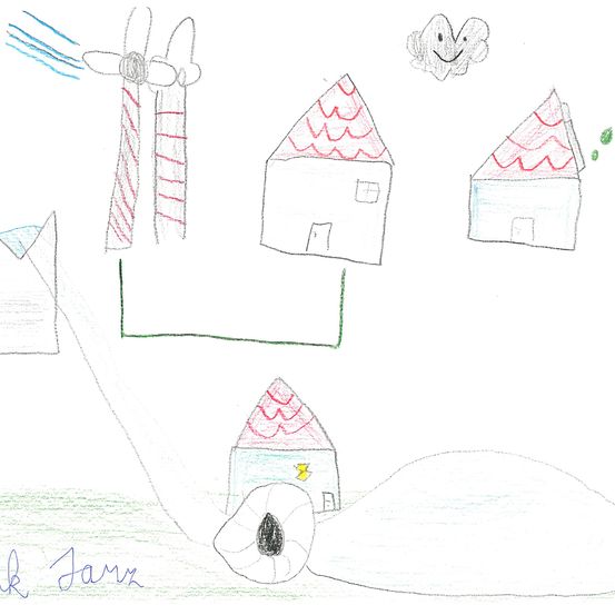 Eine handgezeichnete Abbildung von Häusern und Windrädern. Die Windräder sind mit grünen Linien mit den Häusern verbunden.