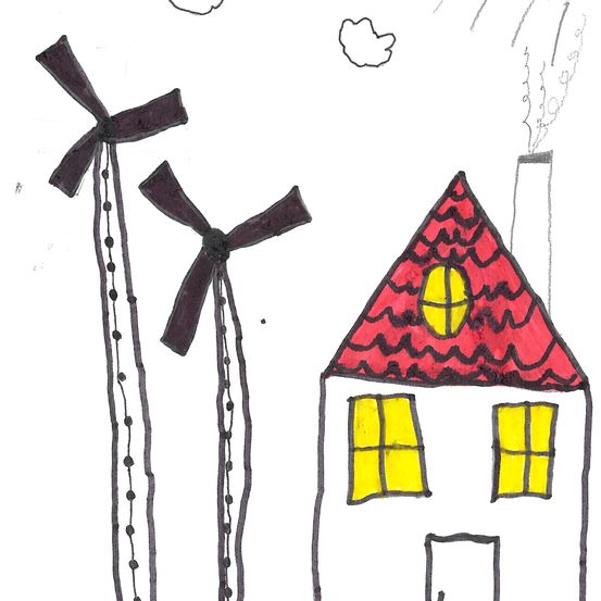 Eine handgezeichnete Illustration mit einem Haus mit rotem Dach und Schornstein, der weißen Rauch ausstößt. Zwei Windräder mit langen, perlenbesetzten Stangen stehen neben dem Haus.