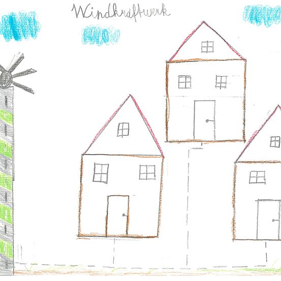 Eine handgezeichnete Illustration eines Wohnviertels mit drei Häusern und einer Windturbine. Die Häuser sind unterschiedlich groß, wobei das mittlere das größte ist. Die Windturbine befindet sich auf der linken Seite des Bildes.