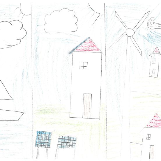 Eine Kinderzeichnung zeigt eine Landschaft mit einem Haus, einem Boot, einer Windmühle und Gebäuden.