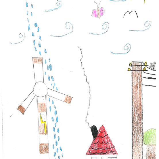 Eine handgezeichnete Illustration zeigt eine Windturbine, ein Haus mit einem roten Dach und einen hohen Mast mit Drähten.