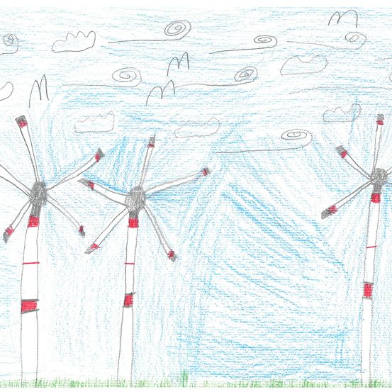 Illustration von drei Windturbinen mit rotierenden Blättern gegen einen blauen Himmel und Wolken.