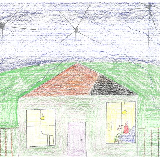 Eine Zeichnung eines Hauses mit Windturbinen darüber, einer Person, die auf einem Stuhl im Fenster sitzt, und einem Zaun um das Haus herum.