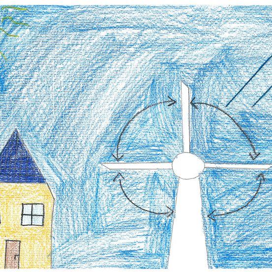 Handgezeichnetes Bild eines Hauses und einer Windturbine mit Pfeilen, die die Windrichtung und den Energiefluss von der Turbine zum Haus zeigen.