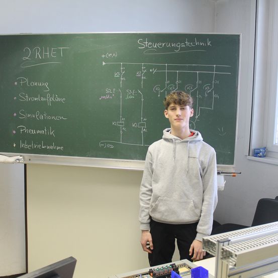 Ein junger Mann in einer Kapuzenjacke steht vor einer Tafel mit Notizen über 2RHET und Regelungstechnik und sieht in die Kamera.
