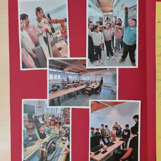 Eine Collage von Fotos, die Kinder bei verschiedenen Aktivitäten zeigt, darunter das Arbeiten an einem Roboter, das Stehen in einem Flur und das Sitzen an Tischen mit Computern und elektronischen Komponenten.