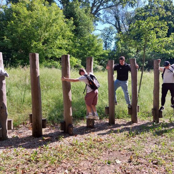 Vier Personen trainieren in einem Grasbereich mit Hilfe von Holzpfosten. Sie sind für Outdoor-Aktivitäten gekleidet.