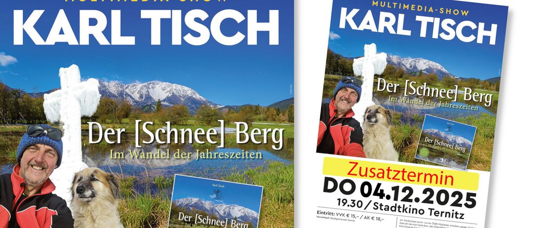 Zwei Bücher werden nebeneinander gezeigt. Das linke Buch heißt 'Der [Schnee] Berg'. Das rechte Buch heißt 'Karl Tisch' und zeigt einen Mann und einen Hund.