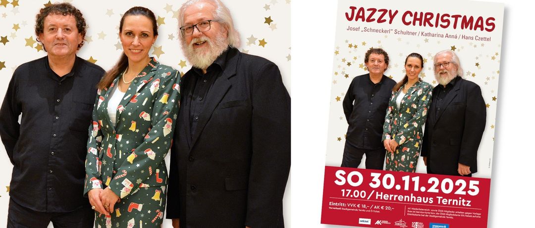 Ein Paar in Weihnachtspyjamas neben einem Poster mit dem Text Jazzy C und dem Datum 30.1.