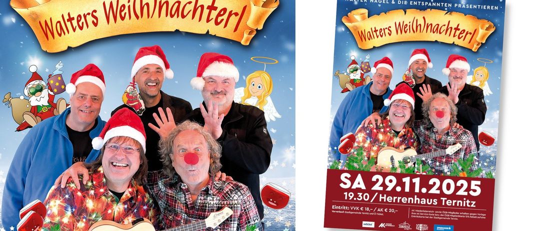 Ein Poster zeigt eine Gruppe von Erwachsenen in Weihnachtsmützen, einer mit einer roten Nase, die eine Gitarre hält. Ein Weihnachtsengel und Sterne im Hintergrund. Ein anderes Poster zeigt eine ähnliche Gruppe mit einem roten Weinkelch und Musikinstrumenten.