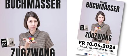 Ein Bild einer Frau, die eine Spielzeuglokomotive hält, ein Werbeplakat für eine Veranstaltung mit den Worten Zugzwang Kabarett.