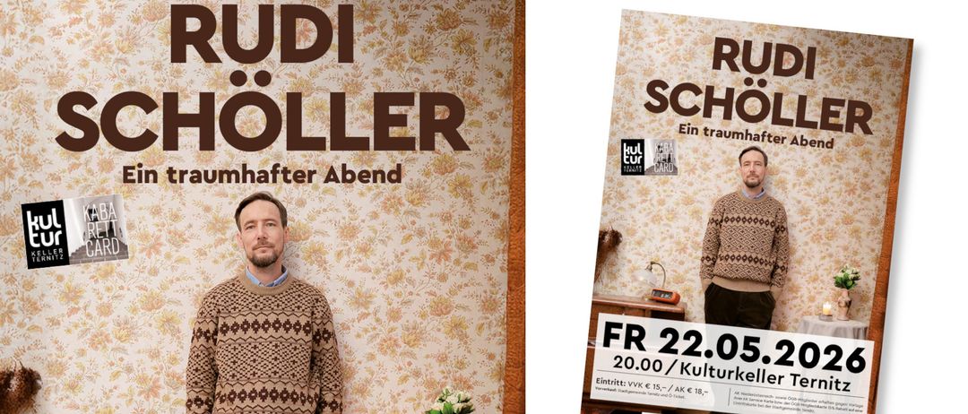 Ein Bild eines Mannes, der vor einer Tapete mit dem Text 'DI SOLLER' steht. Ein weiteres Bild zeigt eine Eintrittskarte für eine Veranstaltung mit dem Datum 'FR 22 20.00' und dem Preis 'VVK 15'.