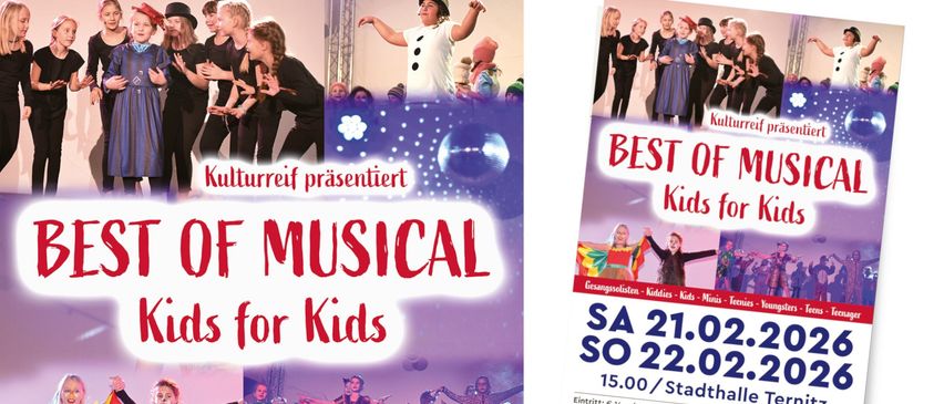 Ein Werbeplakat für eine musikalische Veranstaltung für Kinder. Das Plakat zeigt leuchtende rote und weiße Texte mit einem Discoball und Kindern, die auftreten. Die Veranstaltung wird von Best Kids präsentiert.