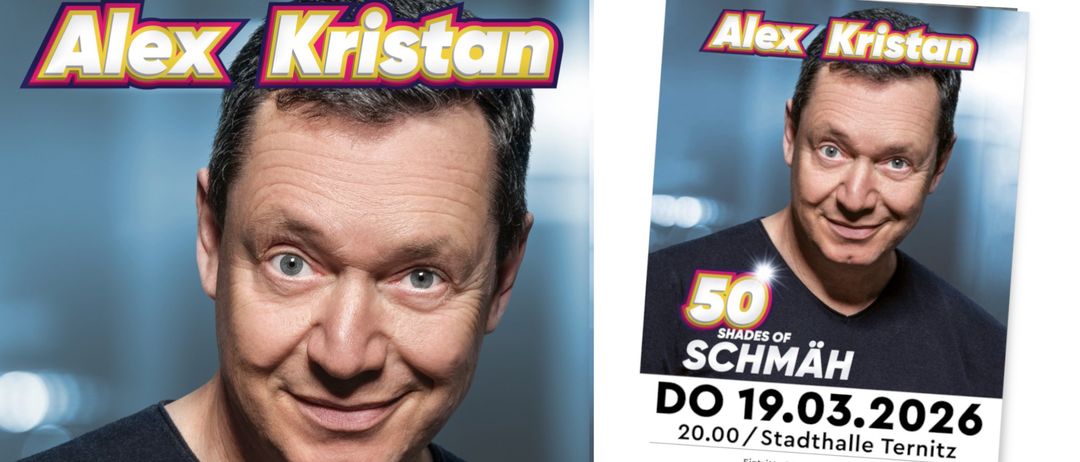 Ein lächelnder Mann mit kurzen Haaren und einem ernsten Gesichtsausdruck. Rechts eine Werbung für '50 Shades' mit einem Preis von 20,00 Euro.