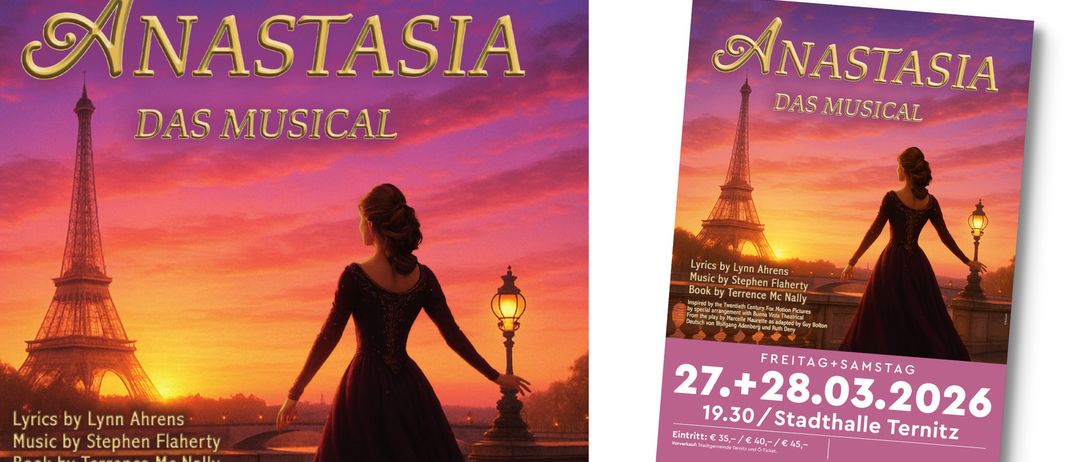 Ein Poster für das Musical Anastesia mit einer Frau in historischem Kleid und einer Laterne im Sonnenuntergangshintergrund.
