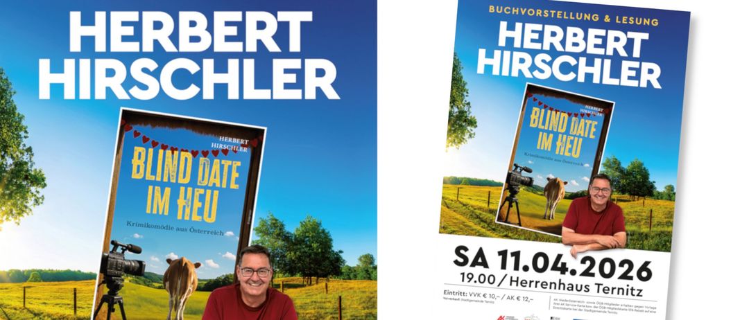 Ein Buchcover mit einem Foto eines lächelnden Mannes auf der linken Seite und einem Plakat mit dem Titel und Datum auf der rechten Seite.