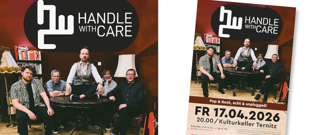 Werbung fur Handle With Care zeigt drei sitzende Manner mit einer Lampe. Der Preis betragt 17 Euro und die Veranstaltung beginnt um 20:00.