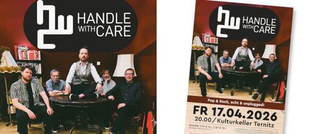 Werbung fur Handle With Care zeigt drei sitzende Manner mit einer Lampe. Der Preis betragt 17 Euro und die Veranstaltung beginnt um 20:00.