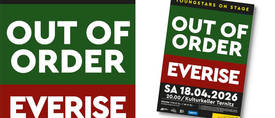 Das Bild zeigt zwei Poster nebeneinander. Das linke Poster hat den Text 'OF ER ISE' in weiß auf grünem Hintergrund. Das rechte Poster hat den Text 'YOUNG OUT OF ORDER RISE' in weiß auf grünem und rotem Hintergrund.