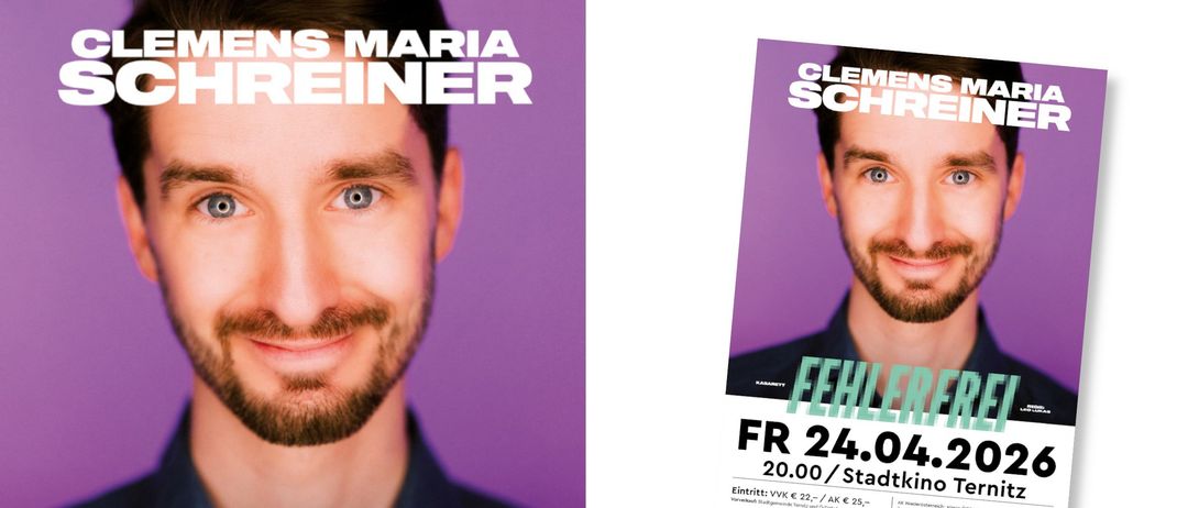 Zwei Bilder eines Mannes mit Bart vor einem lila Hintergrund. Das linke Bild zeigt den Namen 'MARIA EINER' in weiß. Das rechte Bild hat die Worte 'CLER FEE FR 24 20.00/S' und den Namen 'KABARETT' in weiß.