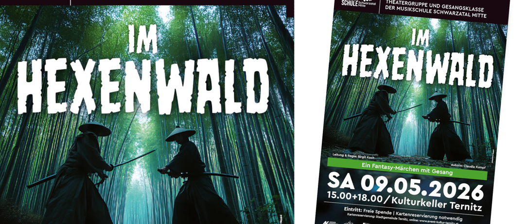 Ein Bild von einer Person in Schwarz, die ein Schwert hält und durch einen dichten Bambuswald geht. Ein Plakat für eine Theateraufführung mit dem Titel 'Hewald' und dem Datum und der Zeit der Veranstaltung.
