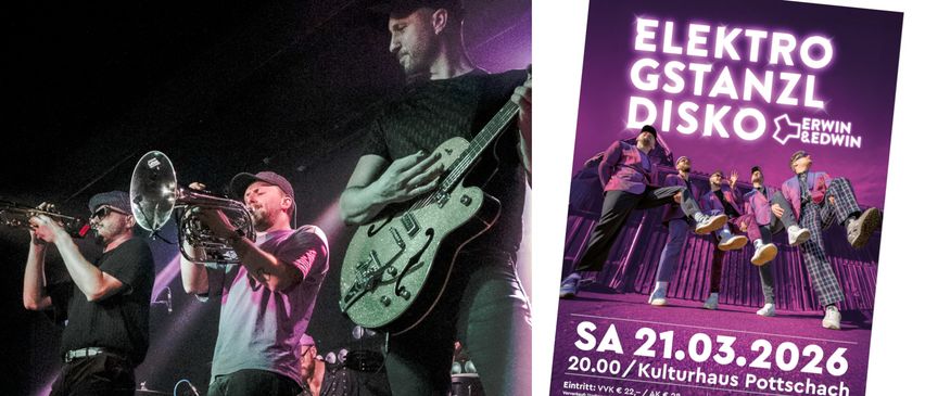 Ein Mann singt in ein Mikrofon, während ein anderer eine Gitarre auf der Bühne spielt. Ein Plakat zeigt einen Mann auf der Bühne mit einer Gitarre.