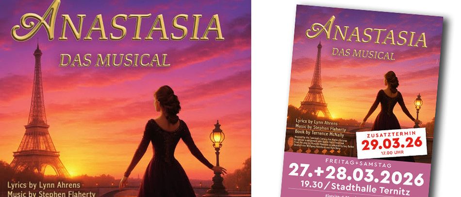 Werbeplakat für das Musical 'Anastasia' mit einer Frau in einem schwarzen Kleid, die neben einer Laterne mit dem Eiffelturm im Hintergrund steht. Das Plakat enthält Aufführungstermine und Ticketpreise.