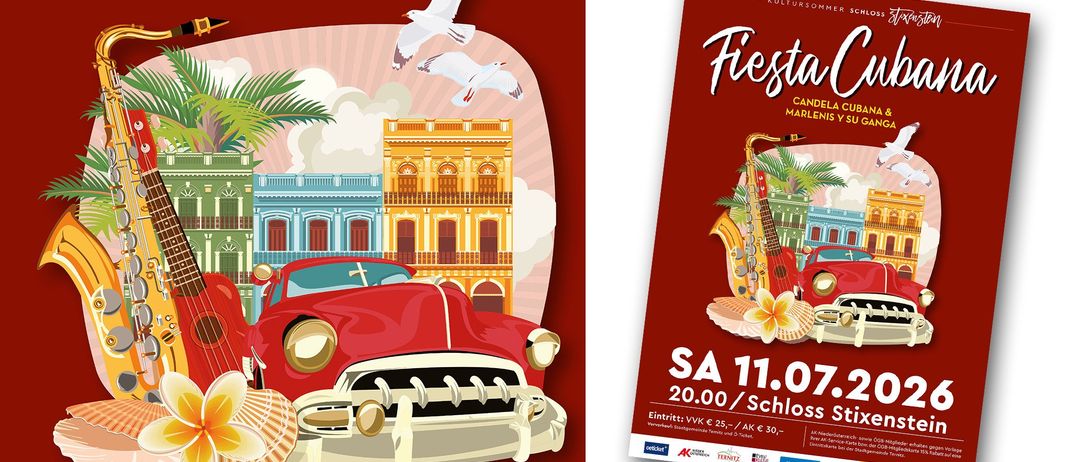 Poster mit einem roten Auto, zwei Möwen und einem gelben Gebäude. Der Poster zeigt auch Palmen, Blumen und eine Saxophon. Der Titel lautet Fiesta Candelaria Marlene.