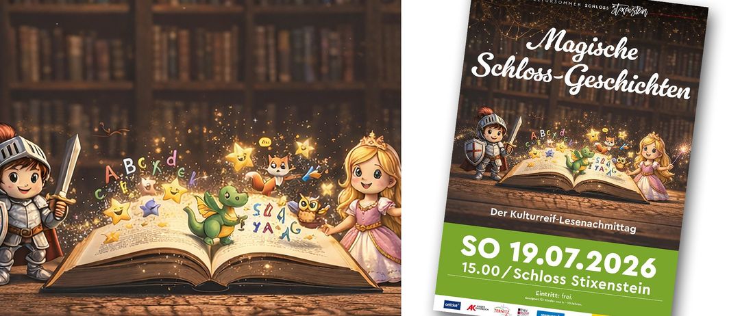 Ein offenes Buch mit einem Mädchen, einem Drachen und einer Eule, Buchstaben und Sterne schweben darüber. Ein Poster mit einem Mädchen und einem Ritter, einem offenen Buch und Sternen.