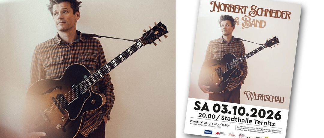 Ein Mann in einem karierten Hemd hält eine Gitarre. Rechts ein Plakat für Norbert und ein Konzert in der Stadthal. Datum: 03.10.2020. Beginn: 20:00.