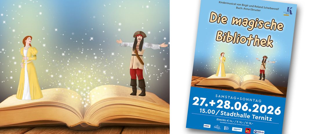 Ein Poster für ein Kindermusical mit dem Titel 'Die Bibel'. Das Poster zeigt eine singende Frau und ein Buch. Daten und Preise für die Show sind aufgeführt.