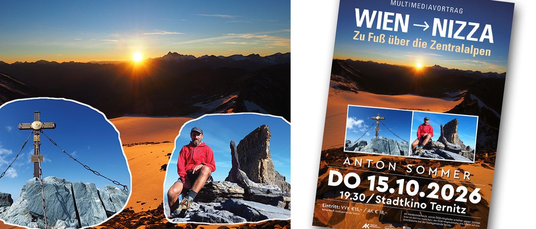 Zwei Bilder zeigen einen Mann, der bei Sonnenuntergang auf einem Bergfelsen sitzt, und ein Plakat für eine Bergwanderungsveranstaltung.