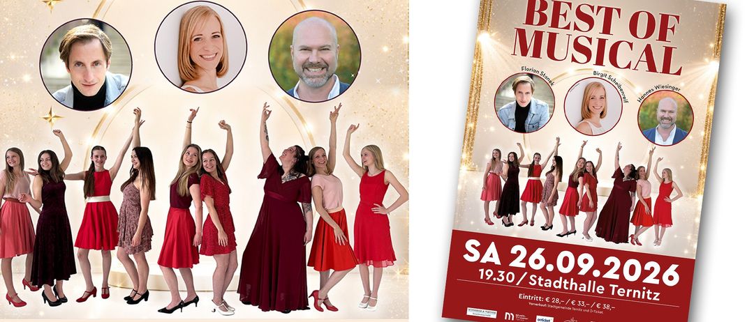 Ein Werbeposter für eine Show zeigt fünf Frauen in roten Kleidern. Die Frauen heben ihre Hände, lächeln und wirken aufgeregt. Ein Mann in einem blauen Jackett steht in der Mitte des Posters.