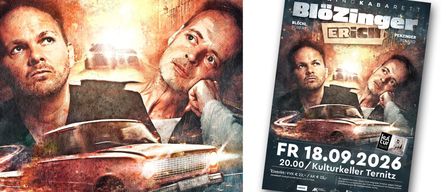 Ein Plakat für eine Veranstaltung mit einem Mann und einem Oldtimer, mit einem feurigen Hintergrund. Der Titel ist 'Kopfkino' und der Preis beträgt 18,00.