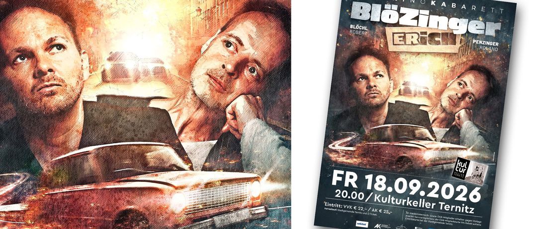 Ein Plakat für eine Veranstaltung mit einem Mann und einem Oldtimer, mit einem feurigen Hintergrund. Der Titel ist 'Kopfkino' und der Preis beträgt 18,00.