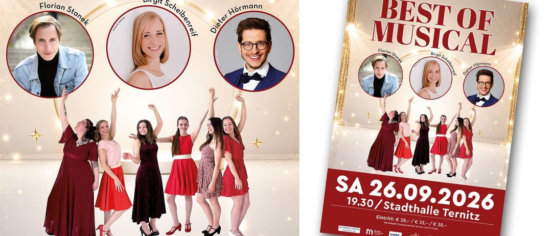Ein Werbeplakat für eine musikalische Veranstaltung mit Birgit Scheibenberger und Dieter Hörmann. Vier Frauen in roten Kleidern tanzen mit erhobenen Händen. Das Plakat enthält Datum und Ticketpreise.