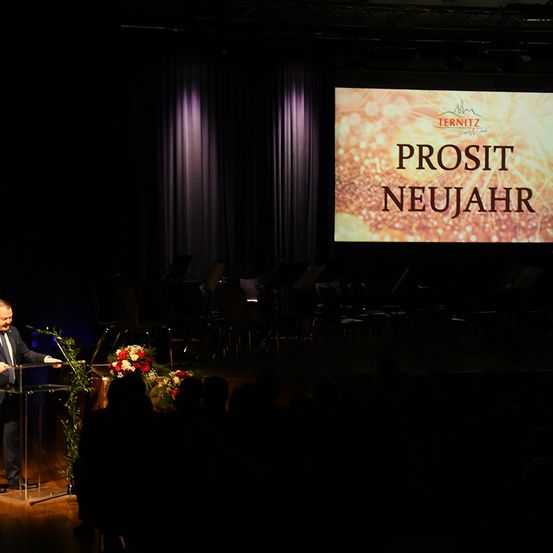 Ein Mann steht an einem Podium und hält eine Rede. Hinter ihm zeigt eine Leinwand 'Prosit Neujahr' mit dem Terniz-Logo. Das Publikum sitzt im Dunkeln, mit Blumen auf der Bühne.