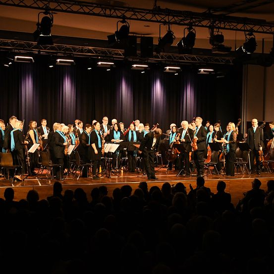 Ein Orchester mit Streichinstrumenten tritt auf der Bühne auf, während ein Publikum zusieht.