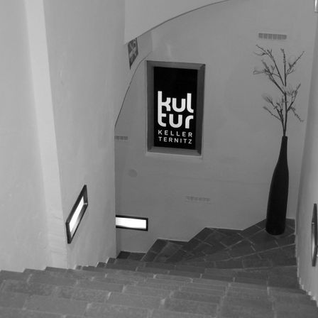 Ein Schwarz-Weiß-Foto einer Treppe, die zu einem gewölbten Eingang führt. Über den Stufen befindet sich ein Schild mit dem Text 'KULTUR KELLER TERNITZ'.