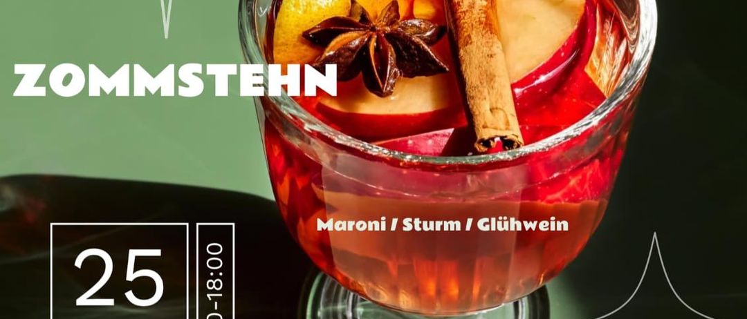 Eine Werbung für Zommstein zeigt ein Getränk in einem Glas mit roter Flüssigkeit, Apfelscheiben, einer Zimtstange und Sternanis. Datum und Uhrzeit sind 25. Okt, 15:00-18:00. Es wird auch die Anmeldung für Kinder- und Jugendkurse erwähnt.