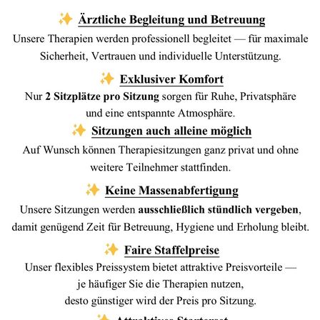 Ein Poster hebt die Vorteile eines Therapiedienstes hervor, einschließlich professioneller ärztlicher Begleitung, exklusivem Komfort, privaten Sitzungen, ohne Massentermine und fairen Preisen.