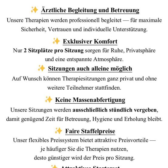 Ein Poster hebt die Vorteile eines Therapiedienstes hervor, einschließlich professioneller ärztlicher Begleitung, exklusivem Komfort, privaten Sitzungen, ohne Massentermine und fairen Preisen.