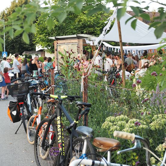 Viele Fahrräder sind in der Nähe eines Gartens mit einem weißen Baldachin geparkt, wo mehrere Menschen plaudern. Bäume und Pflanzen sind im Hintergrund.